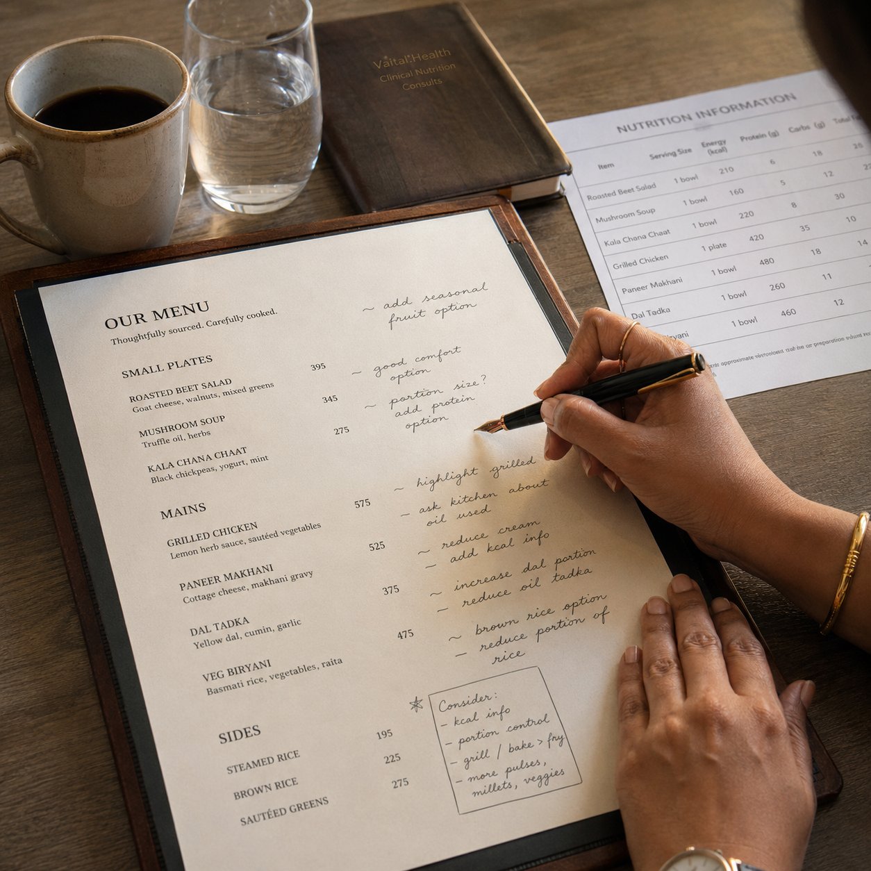A nutritionist annotating a restaurant menu