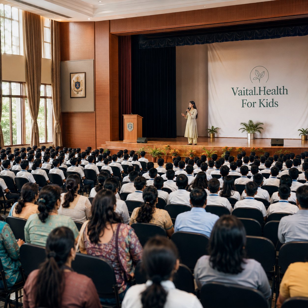 A nutrition talk at a school assembly