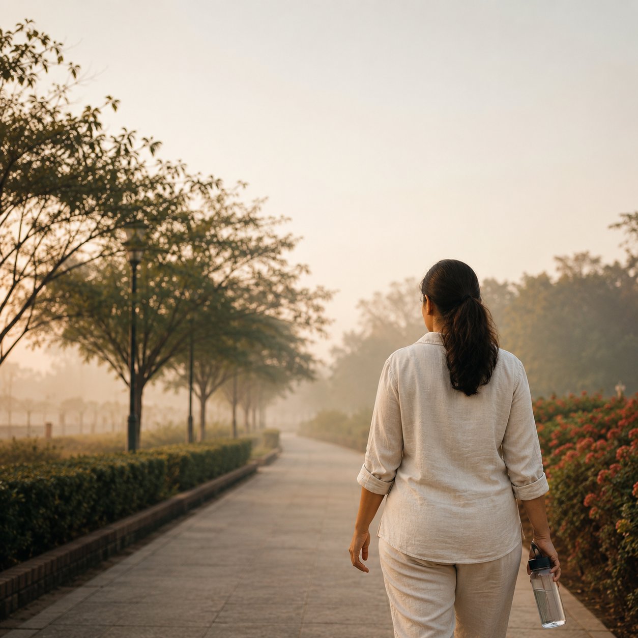 A woman walking at dawn