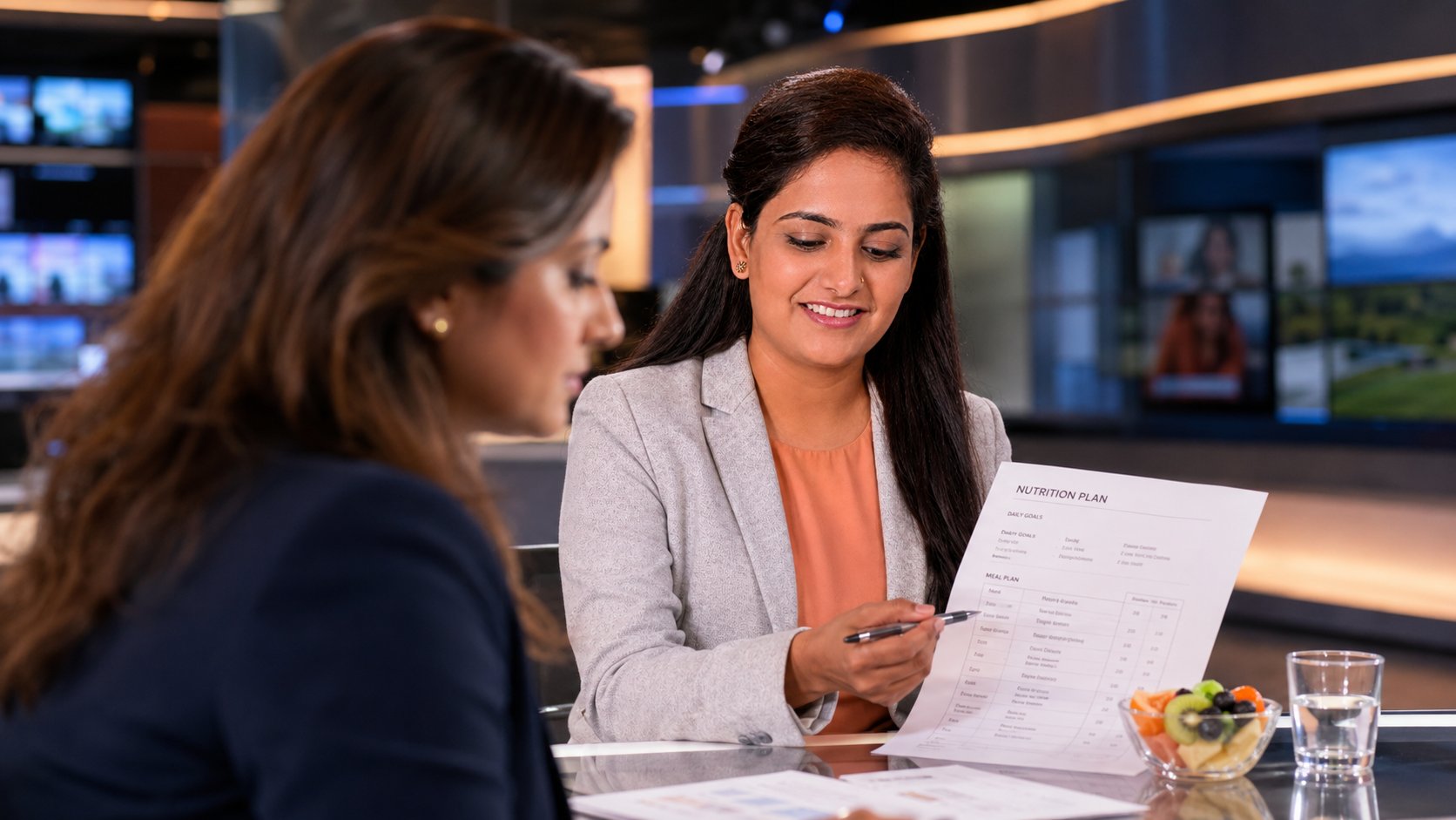 A Vaital nutritionist consulting with a news anchor in a studio