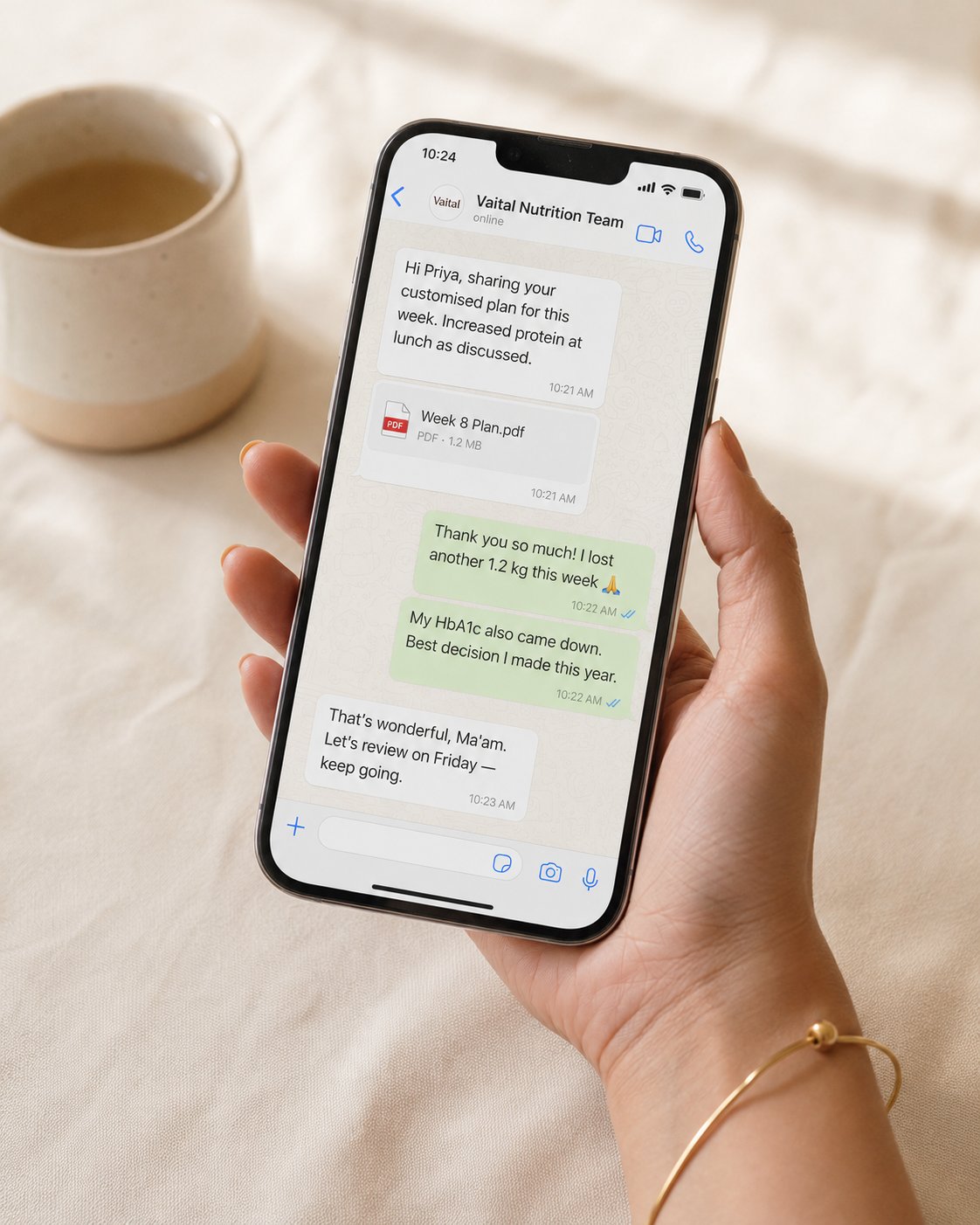 A Vaital client receiving her personalised plan on WhatsApp